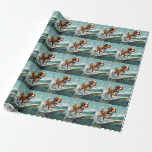 Papel De Presente Pintura de Surf na Praia do Brittany Spaniel