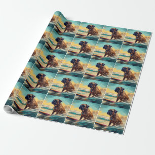 Papel De Presente Pintura de Surf na Praia do Bullmastiff