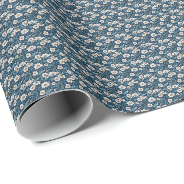 Papel De Presente Pintura Floral Azul e Branco (Ponta do rolo)