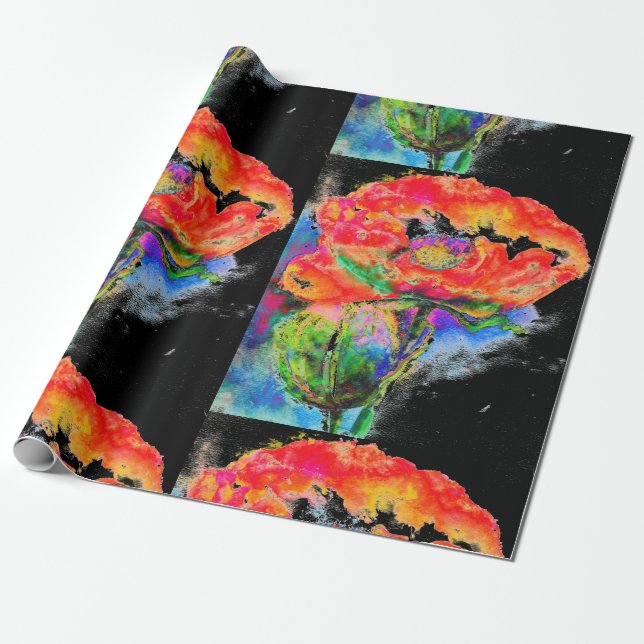 Papel De Presente Pintura floral de abstrato vermelho elegante (Desenrolado)