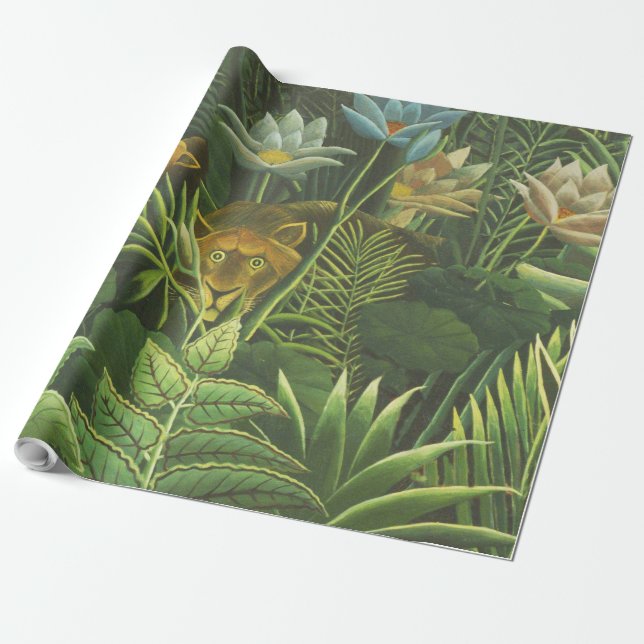Papel De Presente Pintura Tropical do Leão da Selva Rousseau (Desenrolado)