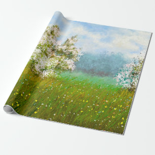 Papel De Presente Pinturas de petróleo paisagem rural, flores no cam