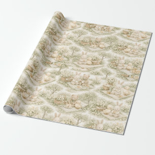 Papel De Presente Piquenique Floral do Urso do Coelho Neutro Jardim