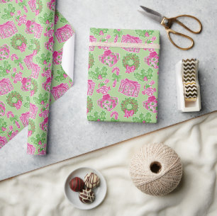 Papel De Presente Píquete de Cachorro Rosa e Arcos Verdes