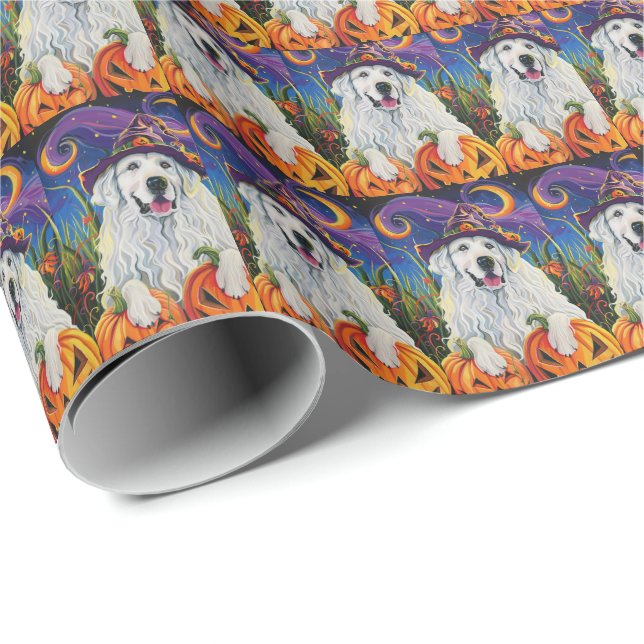 Papel De Presente Pirenéus Excelentes Spooky Cachorros Bruxos Pumpki (Ponta do rolo)