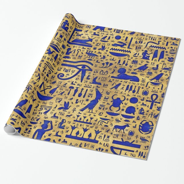Papel De Presente Piróglifo egípcio Lapis Lazuli e Dourado (Desenrolado)