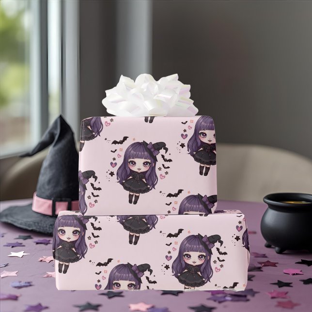 Papel De Presente Pista rosa-pinto-pinto-pinto-mestiço (Spooky cute purple pink witchy girl pattern wrapping paper)
