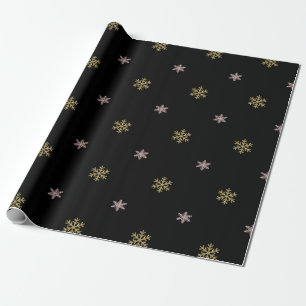 Papel De Presente Pitada dourada e flocos de neve rosa no Natal pret