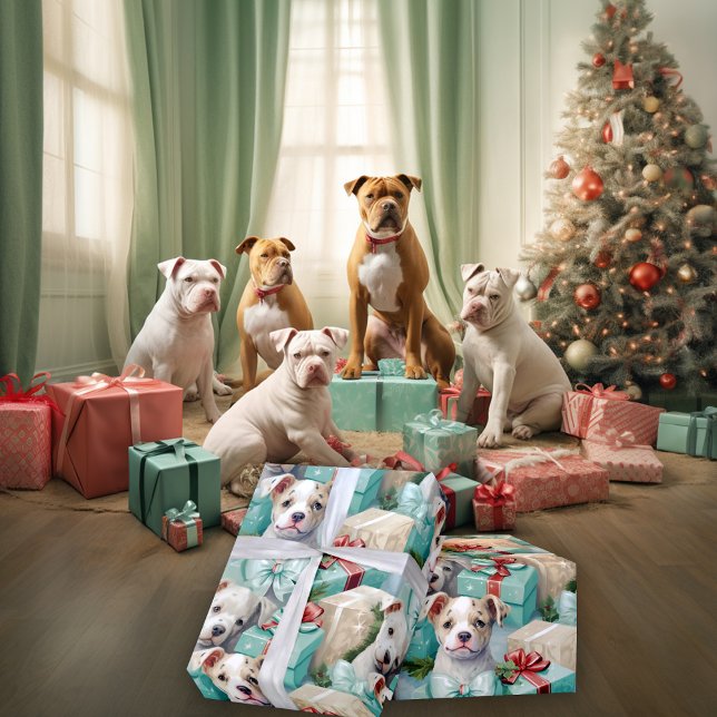 Papel De Presente PitBull Spotted Pups Seafoam Natal Verde (Criador carregado)