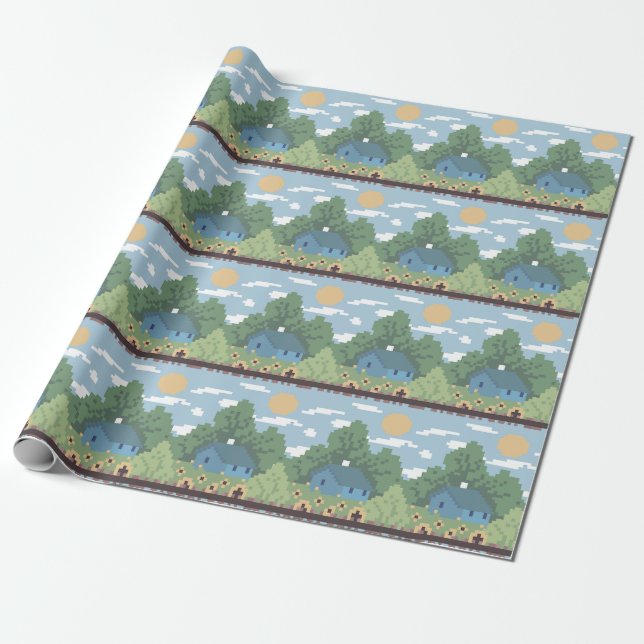 Papel De Presente Pixel Countryside House Landscape Pattern (Desenrolado)