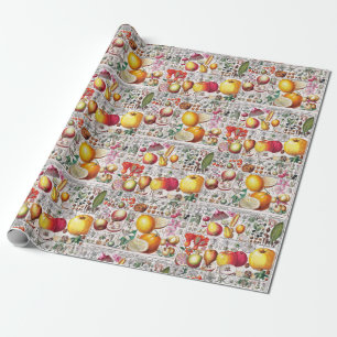 Papel De Presente Placa de Livro Botânico de Frutas Florais Vintage 