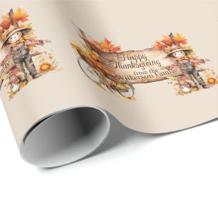Papel De Presente Placa de Madeira de Ação de Graças & Cena de Outon