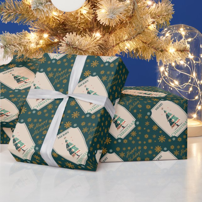 Papel De Presente Placa de Natal Retroativa com Design de Árvore Geo (Feriados)