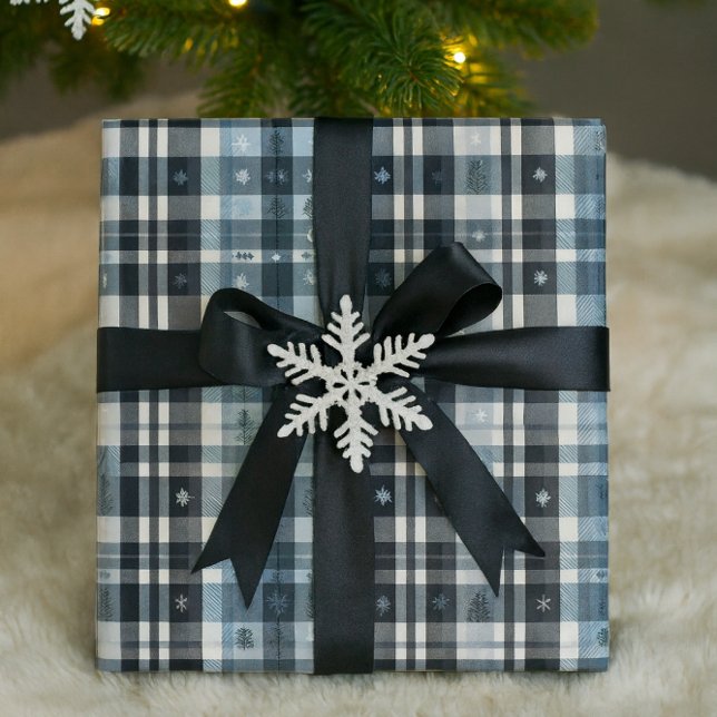 Papel De Presente Plaid de Natal Floco de Neve & Árvore  (Christmas Plaid Wrapping Paper Snowflake & Tree Design)