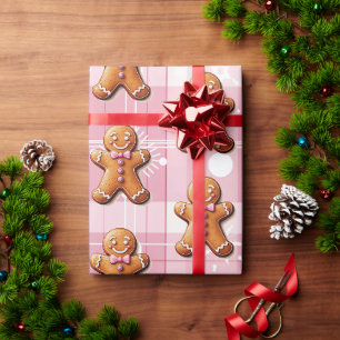 Papel De Presente Plaid de Natal Rosa Biscoitos de Gengibre Flocos d