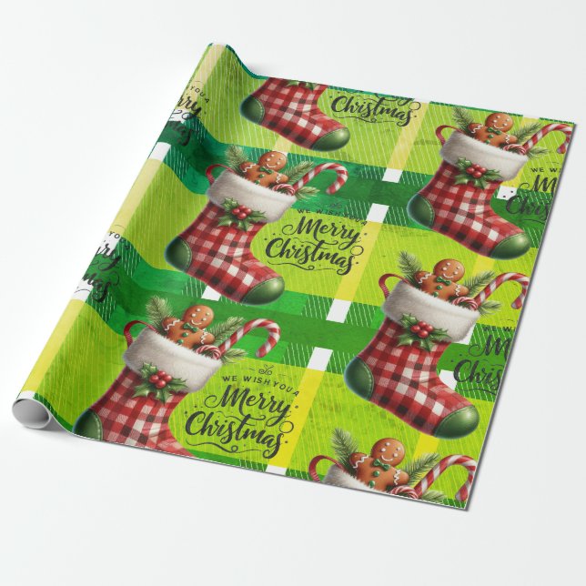 Papel De Presente Plaid de Natal Verde Brilhante Feriado Gingerbread (Desenrolado)