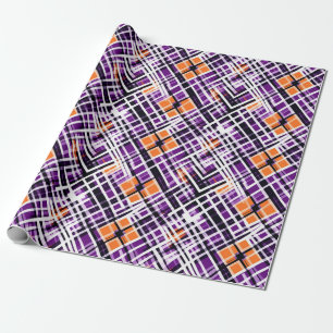 Papel De Presente Plaid Geométrico de Halloween - Roxo, Laranja, Bra