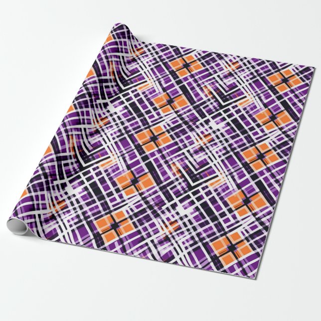 Papel De Presente Plaid Geométrico de Halloween - Roxo, Laranja, Bra (Desenrolado)