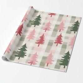 Papel De Presente Plaid Moderno de Natal com Árvore de Pinheiro Rosa