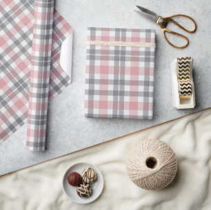 Papel De Presente Plaid Pastel Rosa Cinza Branco