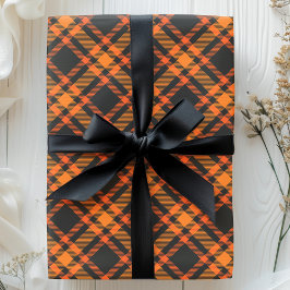 Papel De Presente Plaid Xadrez Preto e Laranja Padrão de Halloween
