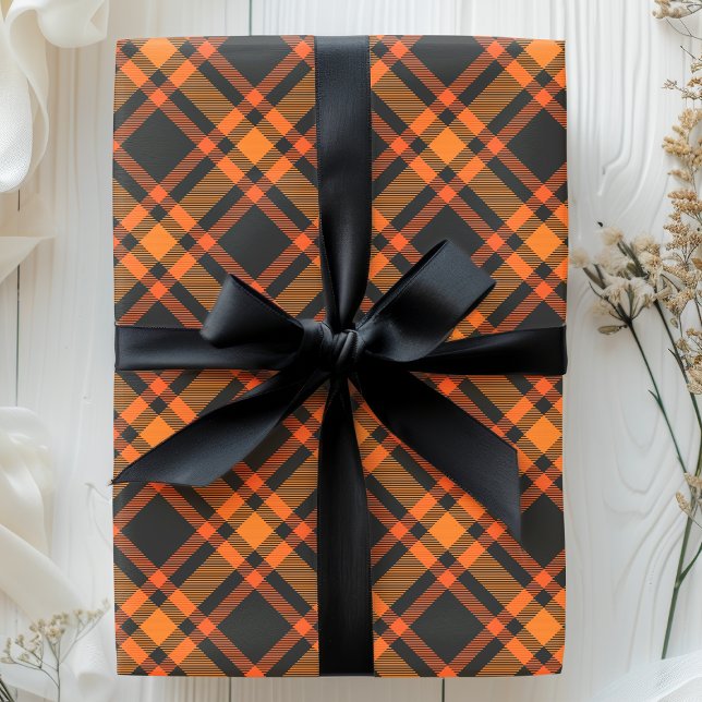 Papel De Presente Plaid Xadrez Preto e Laranja Padrão de Halloween (Criador carregado)