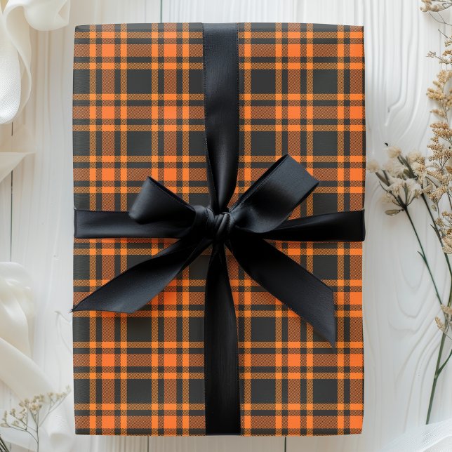 Papel De Presente Plaid Xadrez Preto Laranja Halloween (Criador carregado)