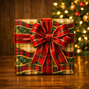 Papel De Presente Plaid Xadrez Quiltado em Ouro com Ponto de Cetim n