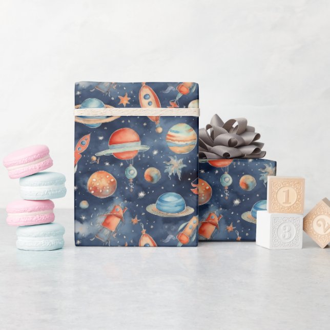 Papel De Presente Planeta Espacial do Bebê Cachorro Azul (Chá de bebê)