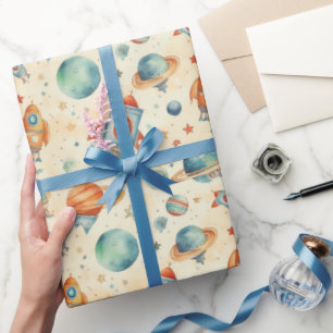 Papel De Presente Planeta Espacial do Bebê Cachorro Azul