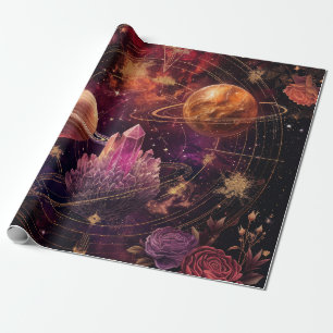 Papel De Presente Planeta Floral Cósmico Nebulosa Roxa Espaço