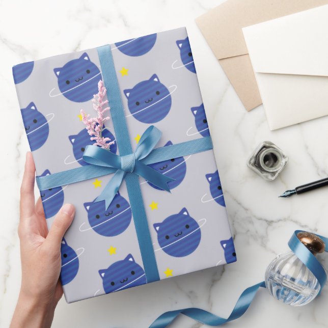 Papel De Presente Planetas de Gatos Kawaii no Espaço (Presentear)
