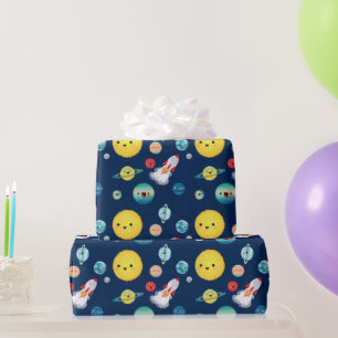 Papel De Presente Planetas Espaciais Exteriores Navio-Foguete Aniver