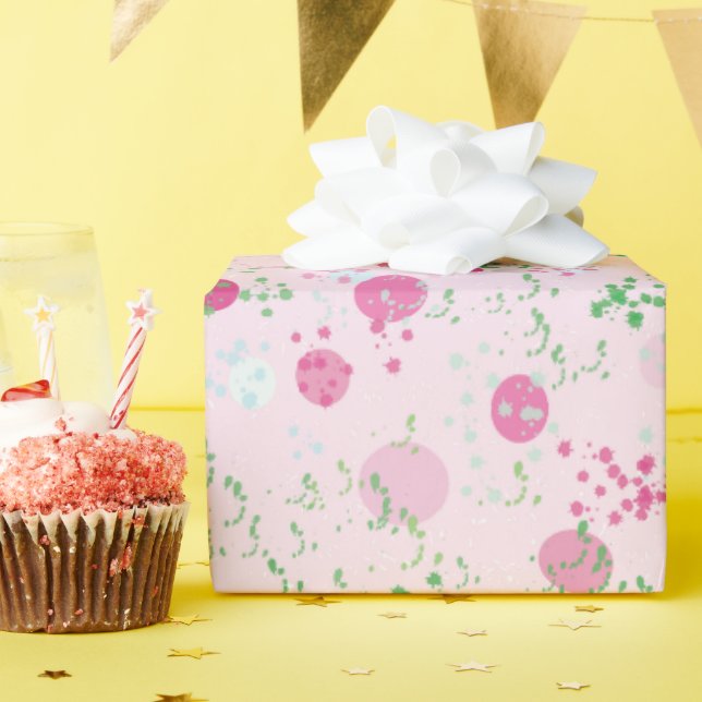 Papel De Presente Planetas modernos, cor-de-rosa Rosa e verde (Festa de aniversário)