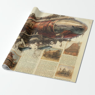 Papel De Presente Plano da Cidade do Zepelim de Cobre da Fantasia In