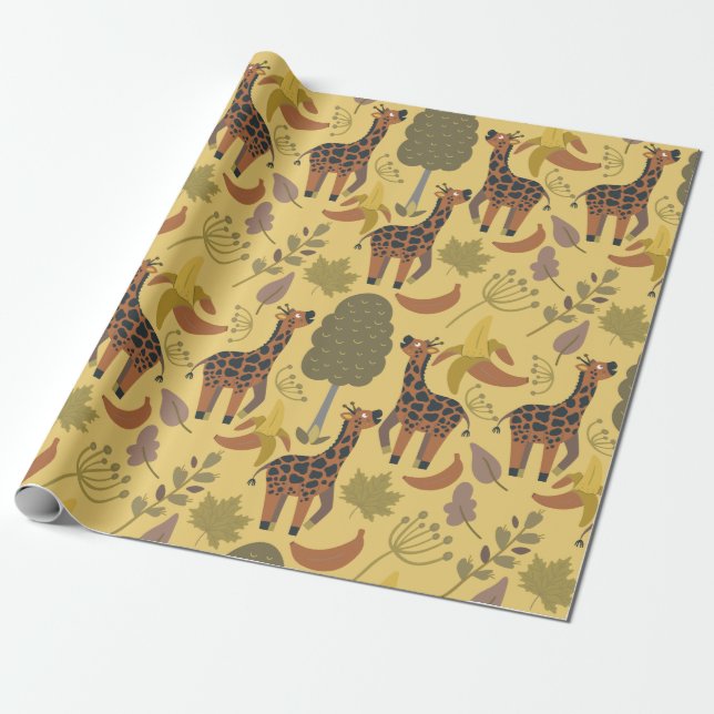 Papel De Presente Plano de fundo amarelo sem costura Giraffe (Desenrolado)