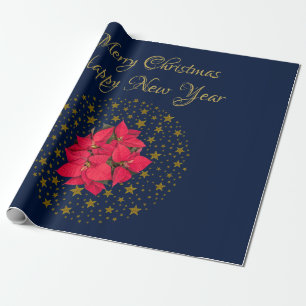 Papel De Presente Planta de Poinsettia Vermelha no céu azul estrelad
