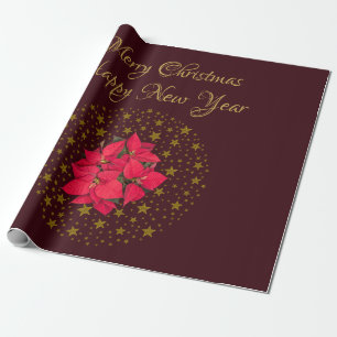 Papel De Presente Planta de Poinsettia Vermelha no céu vermelho estr