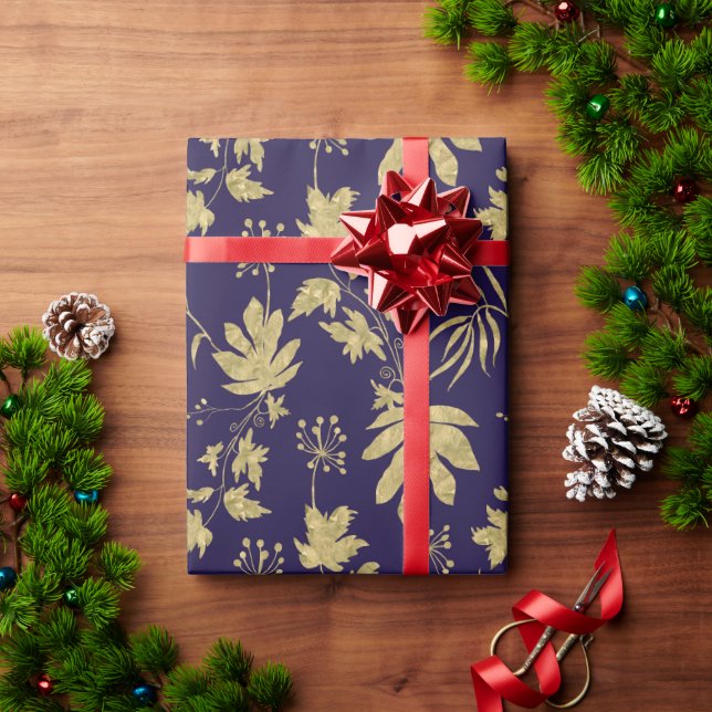 Papel De Presente Plantas azuis e Douradas e corantes (Presente de Natal)
