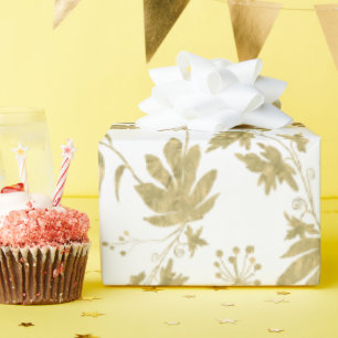 Papel De Presente Plantas e Folhas Coloridas de Branco e Dourado