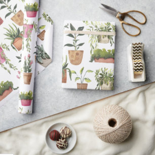 Papel De Presente Plantas em Vasos Pintadas à Mão com Aquarela Color