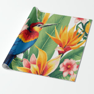 Papel De Presente Plantas Tropicais Exuberantes com Padrão de Ave Ex