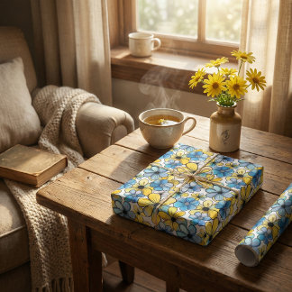 Papel De Presente Playful Retro Floral Patterno, Azul Suave e Amarel