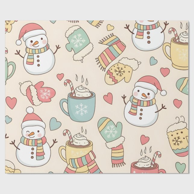 Papel De Presente Playful Winter Holiday Hand-Drawn Snowmen and Fest (Aberto)