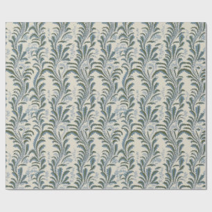 Papel De Presente Pluma de Pena Azul e Oliva sobre Creme