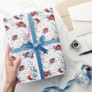 Papel De Presente Pó Botânico Floral Azul Poeirento e Vermelho Borgo