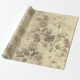 Papel De Presente Pó Floral Grungy Damask Sepia Champagne Dourado