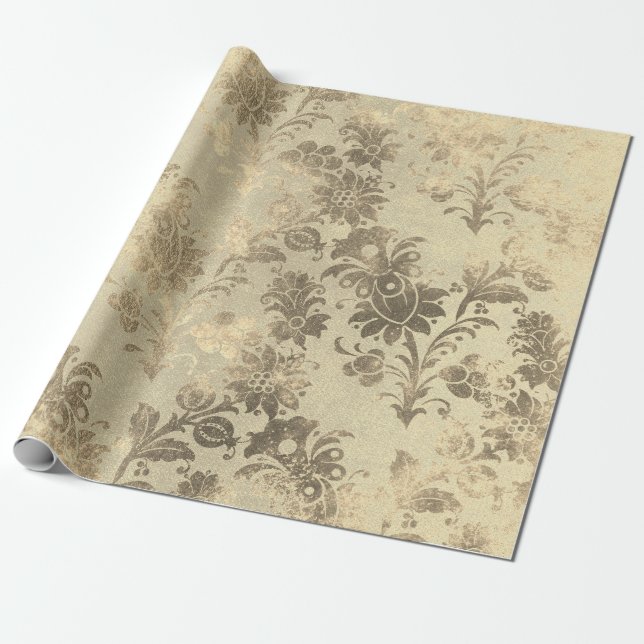 Papel De Presente Pó Floral Grungy Damask Sepia Champagne Dourado (Desenrolado)
