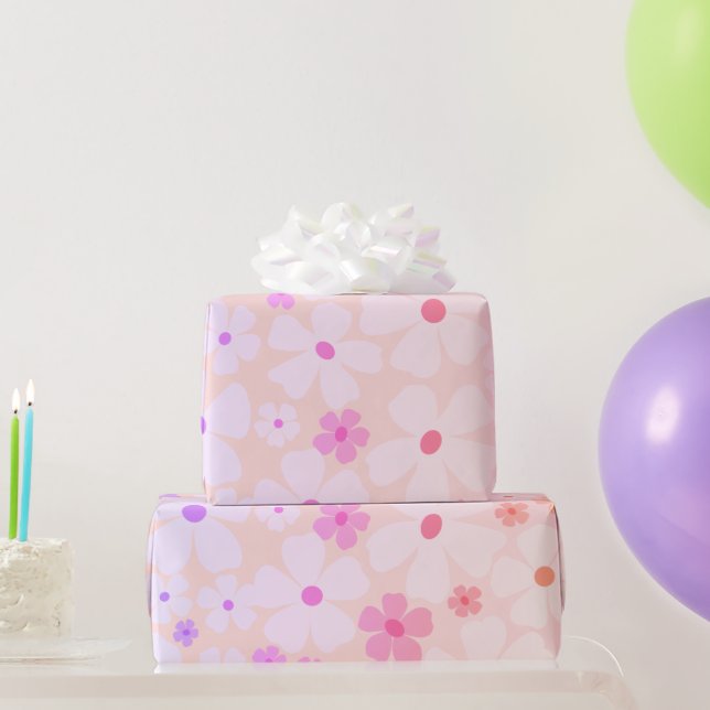 Papel De Presente Poder Floral Pêssego Feliz Aniversário (Presentes para festas)