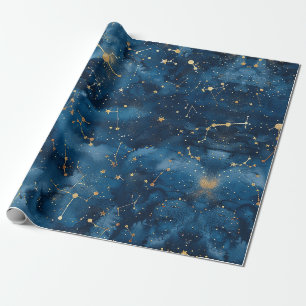 Papel De Presente Poeira Estelar Nebulosa Cósmica Dourada Azul Meia-